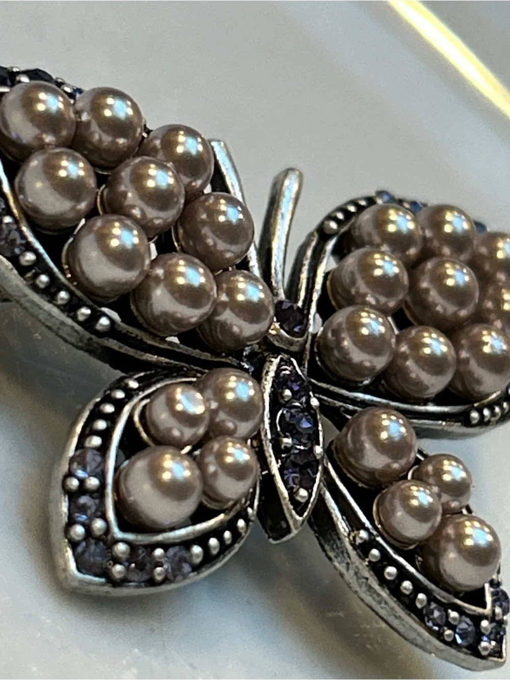 Vintage Silver Butterfly Brooch with Pearl Accents and Purple crystal Stones